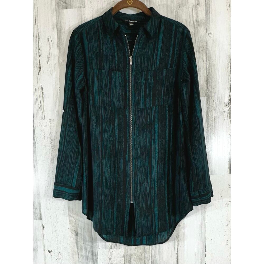 Rock & Republic Womens Blouse Top Size XS Black Green Zip Front Roll Tab Sleeves